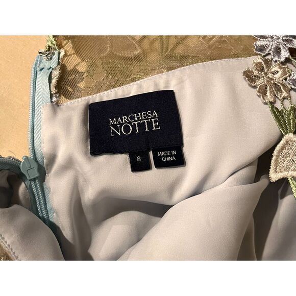 Marchesa Notte Ice Bell Bloom Sheath Crochet Overlay Dress Muted Blue Sz 8 - Picture 9 of 10